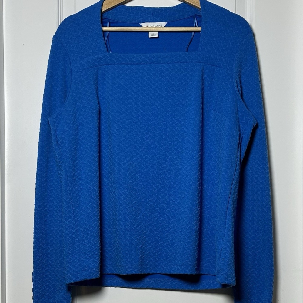 Liz Claiborne Cobalt Blue Textured Jacquard Square Neck Long Sleeve Polished Top